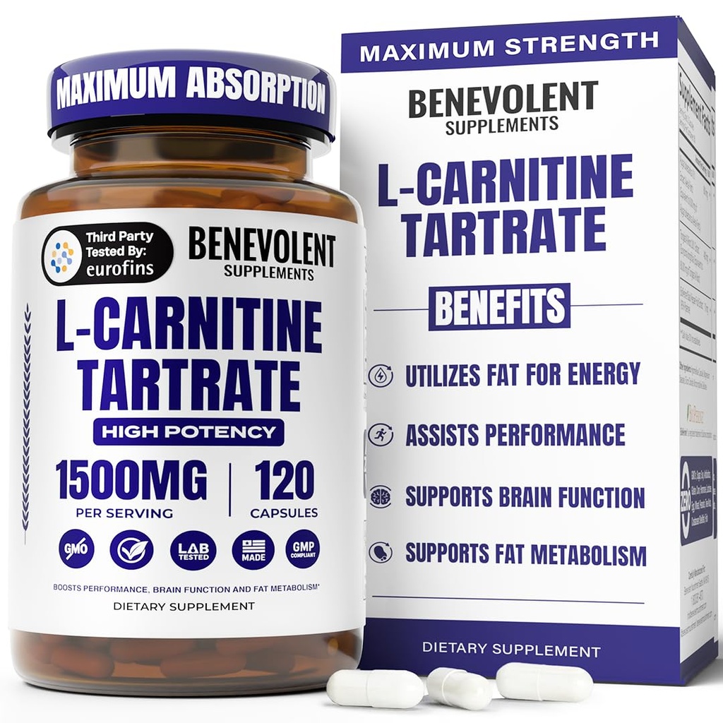 Benevolent L Carnitine Supplement - Alta potência 1500mg L-Carnitine Tartrate - Absorção rápida, Converter gordura em energia, Suporte Lean Muscle, Impulsionar o desempenho do treino & Metabolismo – 120 Cápsulas Vegan