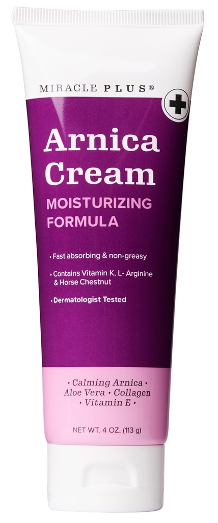 Miracle Plus Arnica Creme Alívio de contusões Loção para contusões e inchações na pele      , Arnica Montana Extra Strength Vitamina K Creme , Hidratante Fórmula Skin Care Gel com castanha de cavalo, 4 Fl Oz