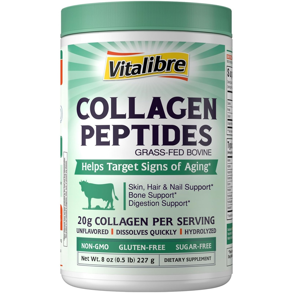 Vitalibre Bovine Collagen Peptides Powder for Women and Men, Grass-Fed Hydrolyzed Collagen Protein Type I & III, Skin, Hair, Nails, Bones, Digestion, Unflavored, Non-GMO, Keto & GF, 11 Servings, 8oz