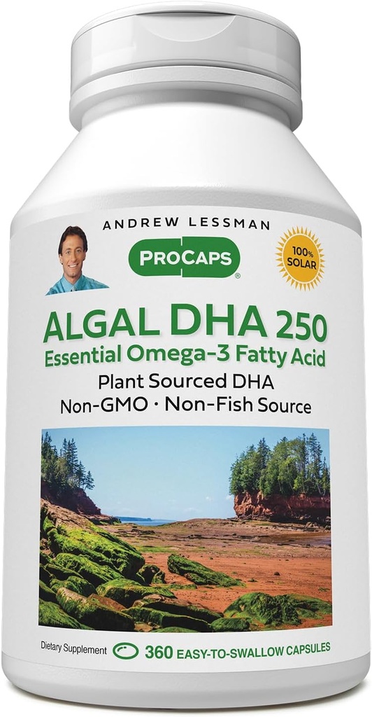 ANDREW LESSMAN Algal DHA 250mg 360 Softgels - Óleos Omega-3 baseados em plantas, algas marinhas naturais, alta DHA, não-GMO, alta potência, sem estômago incomodado, sem gosto de peixe. Pequeno fácil de engolir