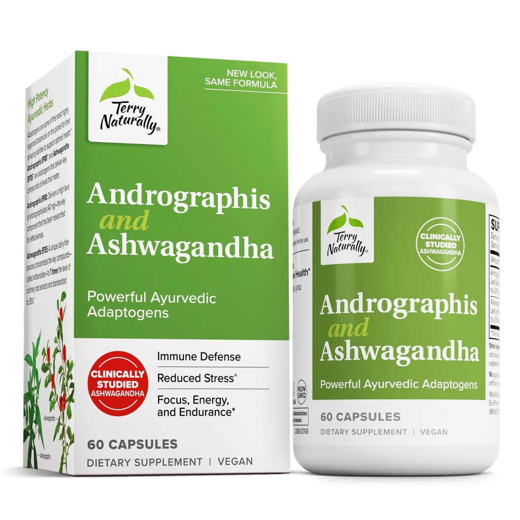 Terry Naturalmente Andrographis e Ashwagandha - Immune System Support Supplement - Support Energy & Healthy Stress Response - Energy Support Supplement - 60 Cápsulas (60 Servings)
