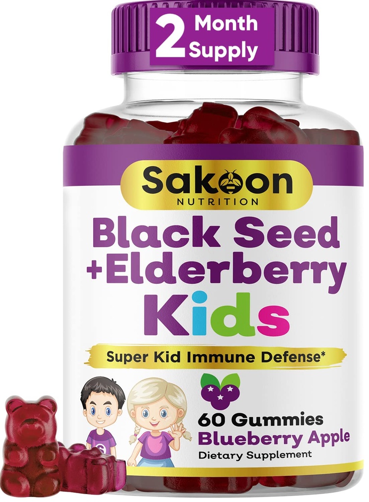 Nutrição Sakoon Elderberry & Black Seed Oil Gummies para Crianças, Suporte Imune, com Vitamina C e Zinco, Delicious Berry Flavor, 60 Gummies