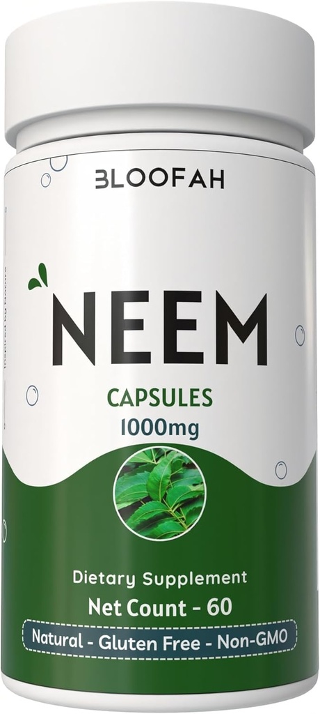 Cápsulas de Folha de Neem 1000mg Pó (Azadirachta Indica Herbal Supplement) Não-GMO, Sem Glúten, Sem Aditivos Artificiais (60 Count of 1))