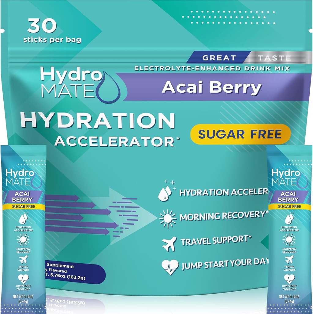 Pacotes de hidratação sem açúcar Acai Berry HydroMATE 30 Sticks