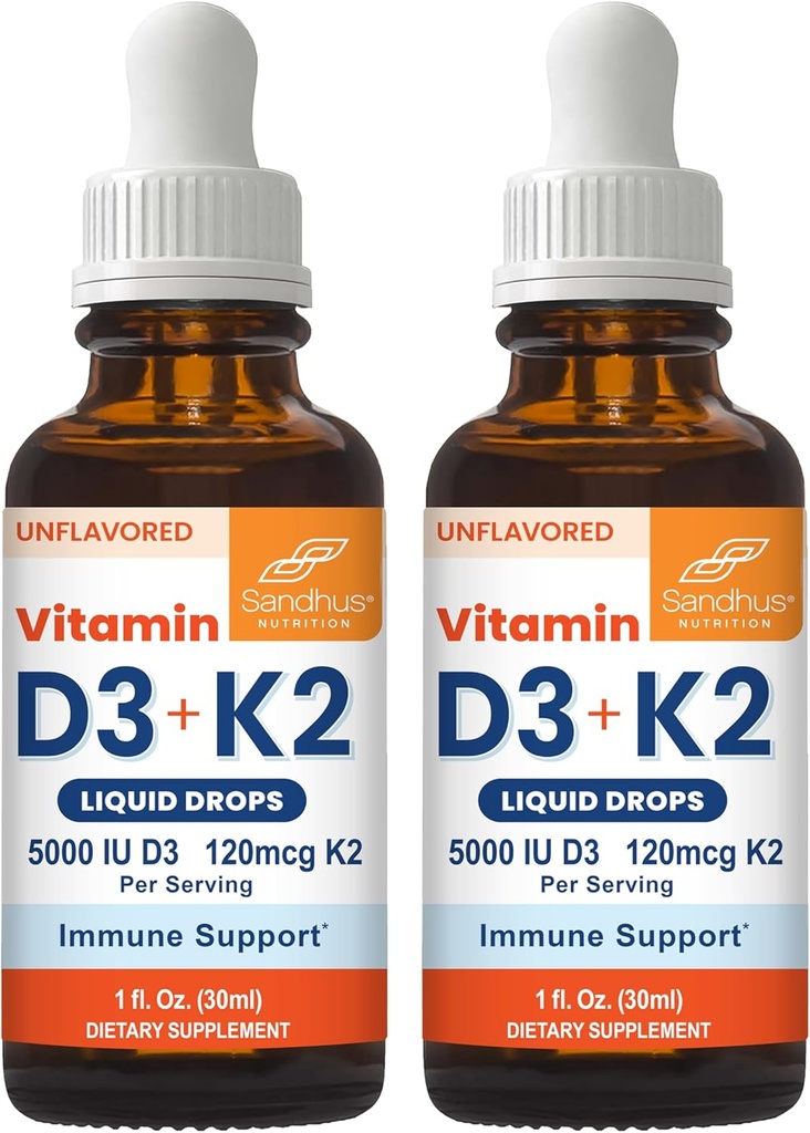 Vitamina D3 K2 de Sandhu gotas para adultos 5000 UI D3 Líquido, 120mcg K2 Suplemento 1 Fl Oz (Pacote de 2)