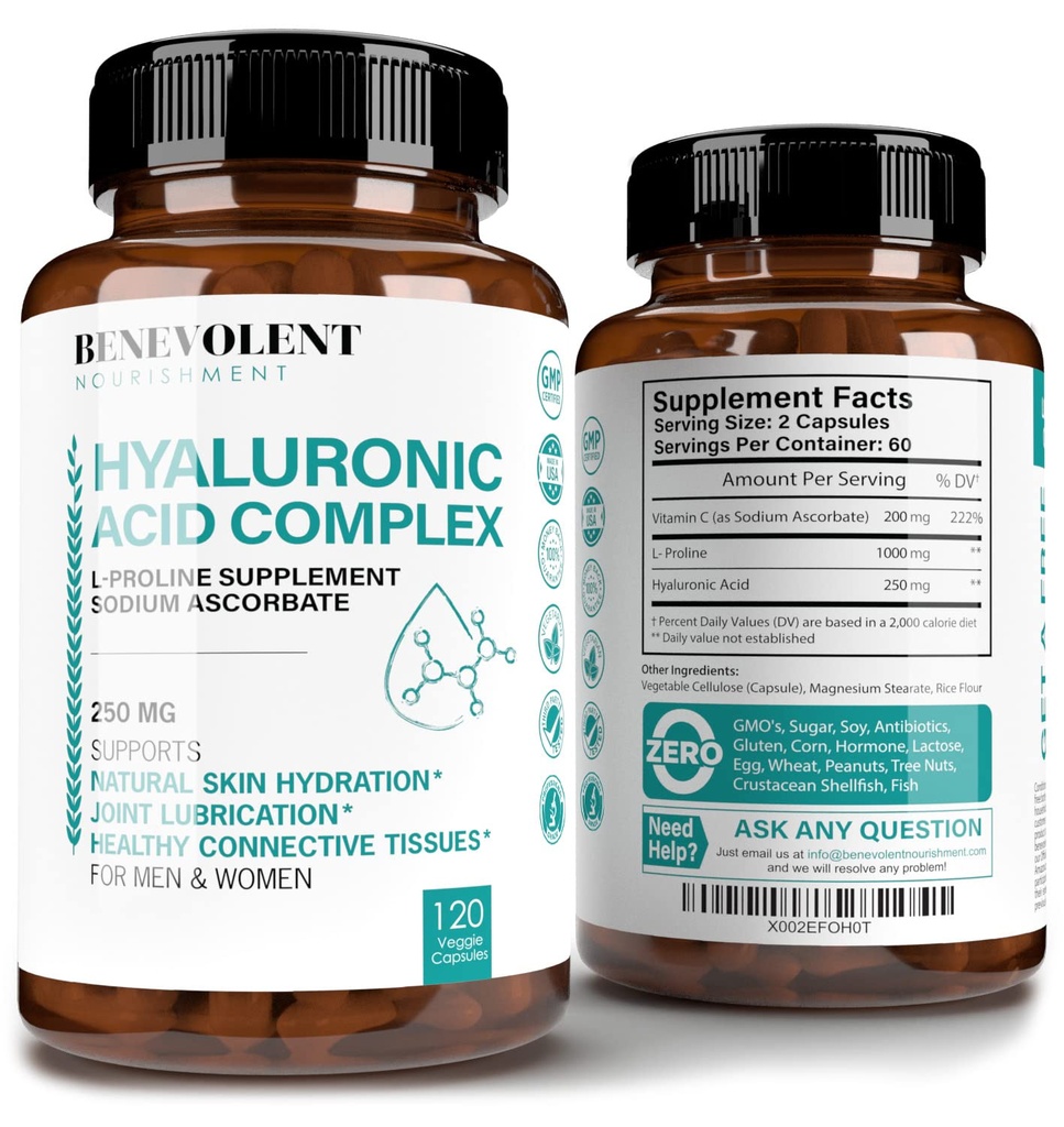 Suplementos de ácido hialurônico 250mg com 200mg Vitamina C, 1000mg L-Prolina & Antienvelhecimento Benefícios, Cápsulas de ácido hialurônico para pele jovem, articulações e tecido conectivo Saúde - 120 Cápsulas