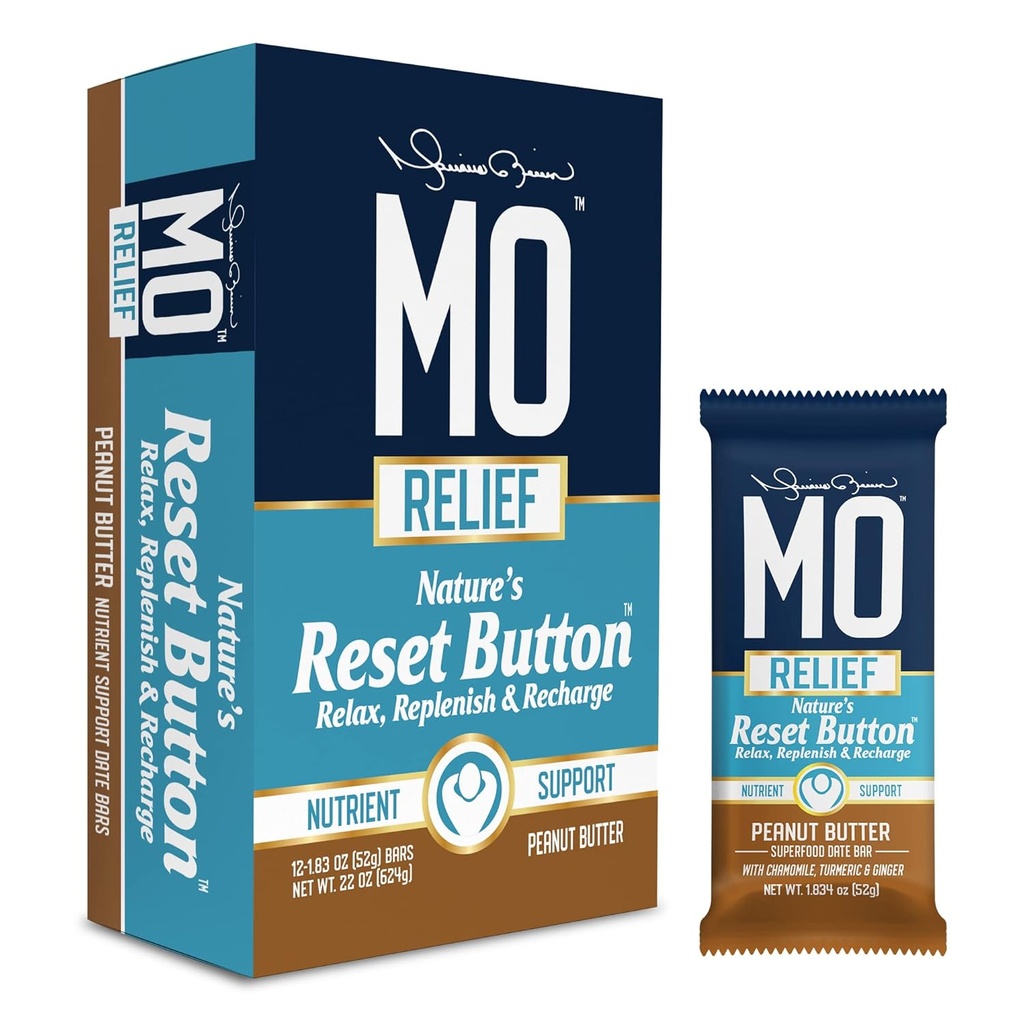 "MO RELIEF" BARS – All-Natural Superfood Snack Bars - Recuperação Snack Bars – Após o treino Nutriente Suporte com Datas, Camomila, Açafrão, & Ginger - (12 barras em uma caixa) (Manteiga de Peanut)