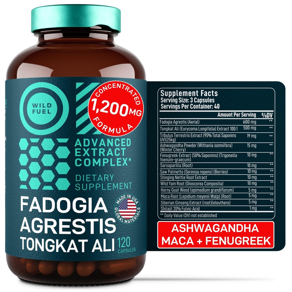 Fadogia Agrestis e Tongkat Ali Suplemento - 600mg Fadogia Agrestis para homens, 500mg Longjack Tongkat Ali, Ashwagandha Maca Fenugreek Complex - Força muscular, Energia, Suporte de Humor - 120 Cápsulas