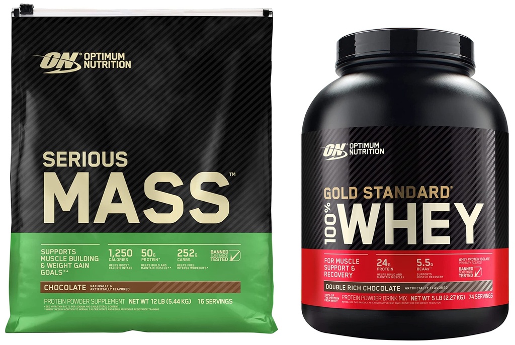 Nutrição ideal Peso massa grave Gainer proteína pó & ouro padrão 100% Whey Protein Pó, Chocolate rico duplo, 5 libras (embalando maio Vary)