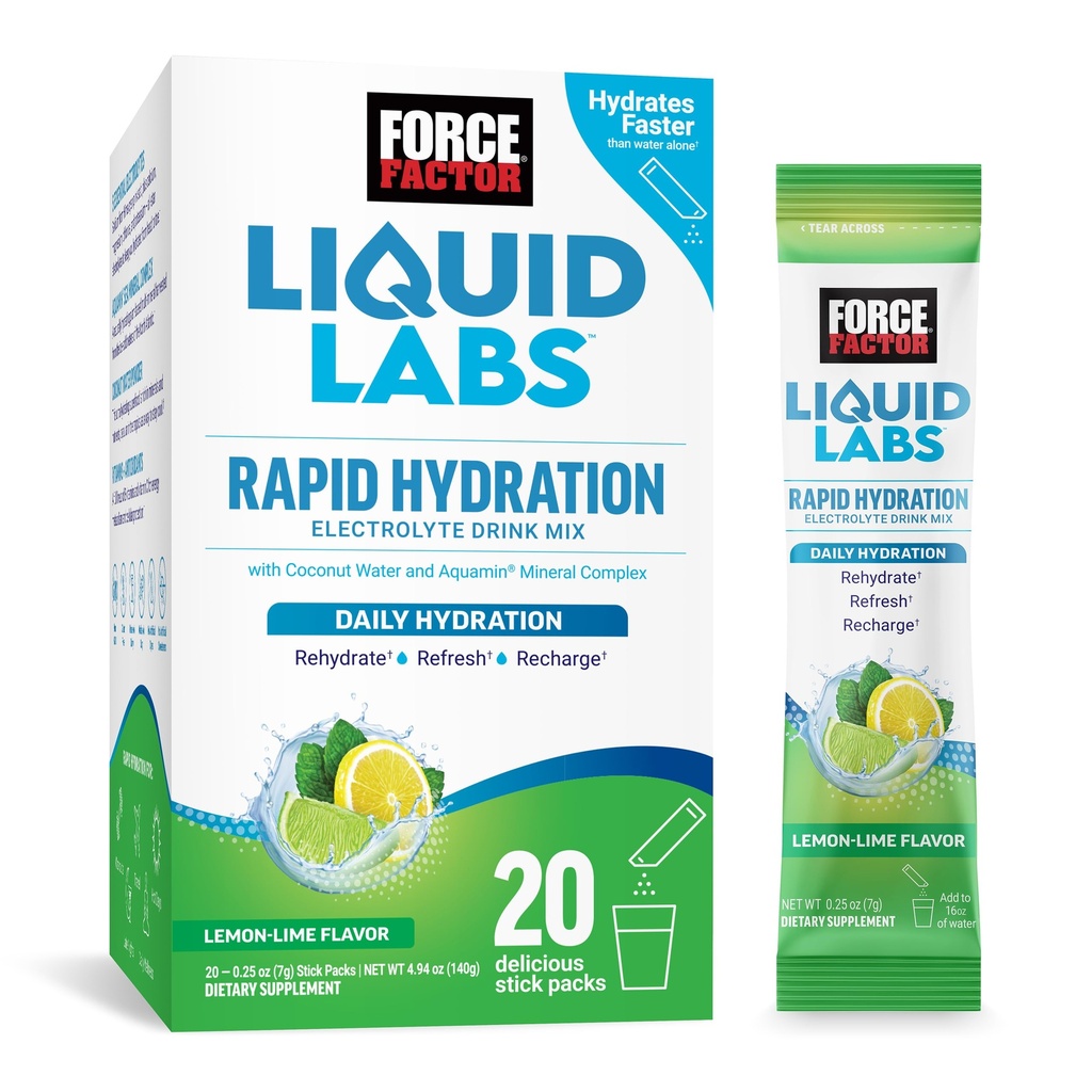 FORCE FACTOR Laboratório Líquido Eletrolisa Pacotes de Pó – Limão Lemon – Pacotes de Hidração para fazer Água Eletrolítica com 5 Eletrolitos Essenciais, Vitaminas, Minerais e Antioxidantes, 20 Pacotes Stick