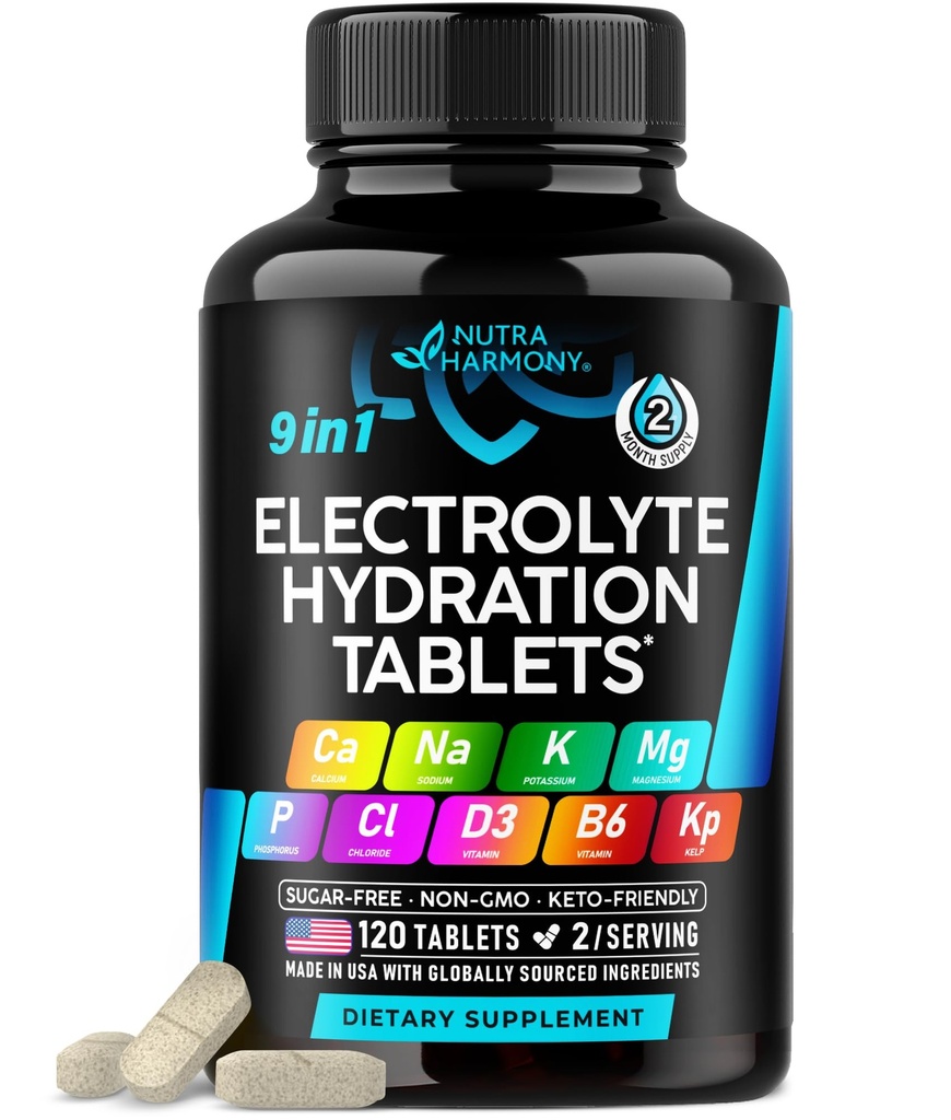 Eletrólitos - Comprimidos de Eletrólito com Magnésio, Sódio, Potássio, Cloreto, Vitaminas D3 & B6, Kelp Pó - Pílulas de Sal - Made in USA - Comprimidos Orais como Cápsulas - Vegan & Keto Friendly - 120 Tabs