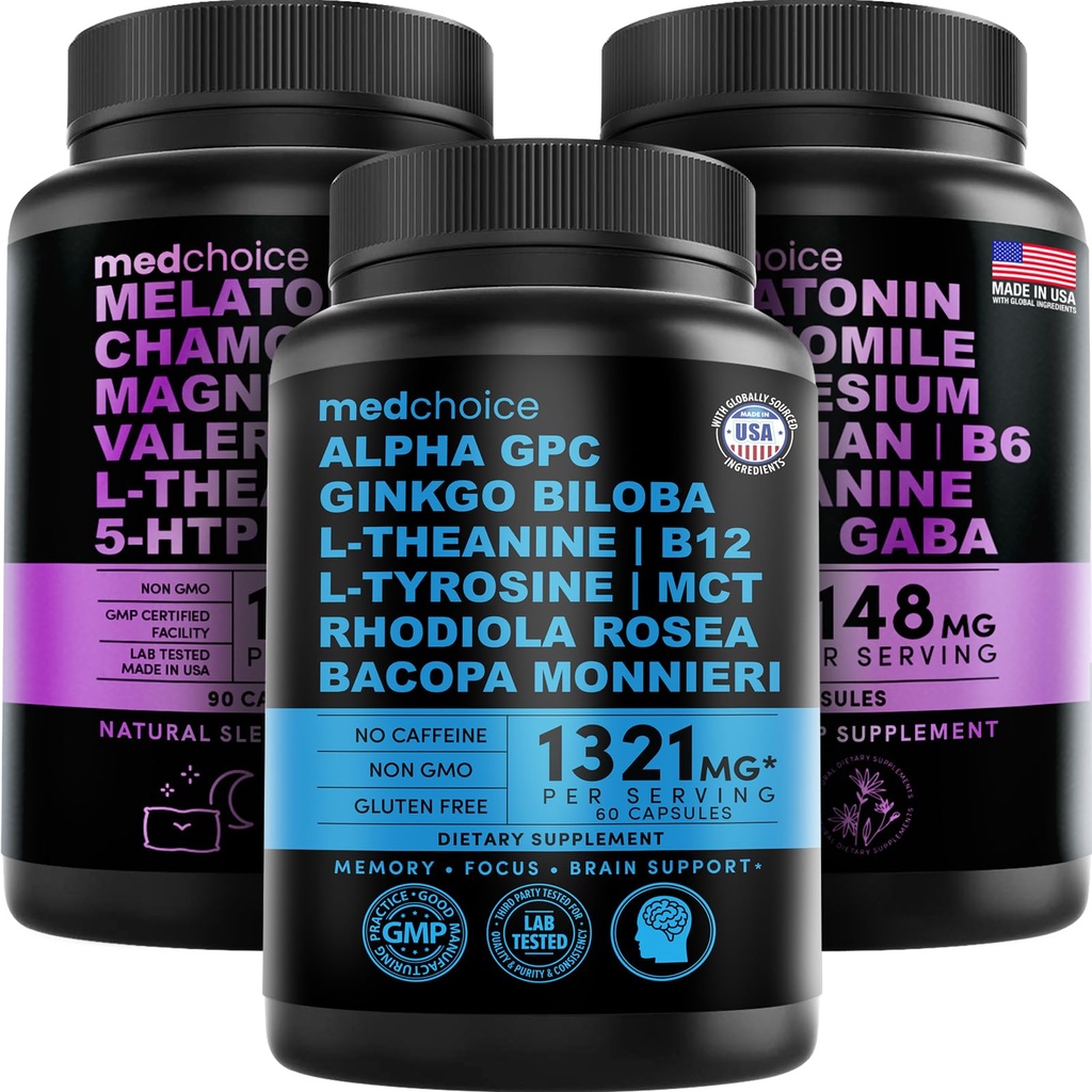 MEDCHOICE Sono Melatonina (180ct) e Nootropic Brain (60ct) Suplemento Bundle - Bem-estar Duo para o sono, Cérebro, Foco, & Apoio ao humor - Vegan, Não-GMO, Gluten-Free