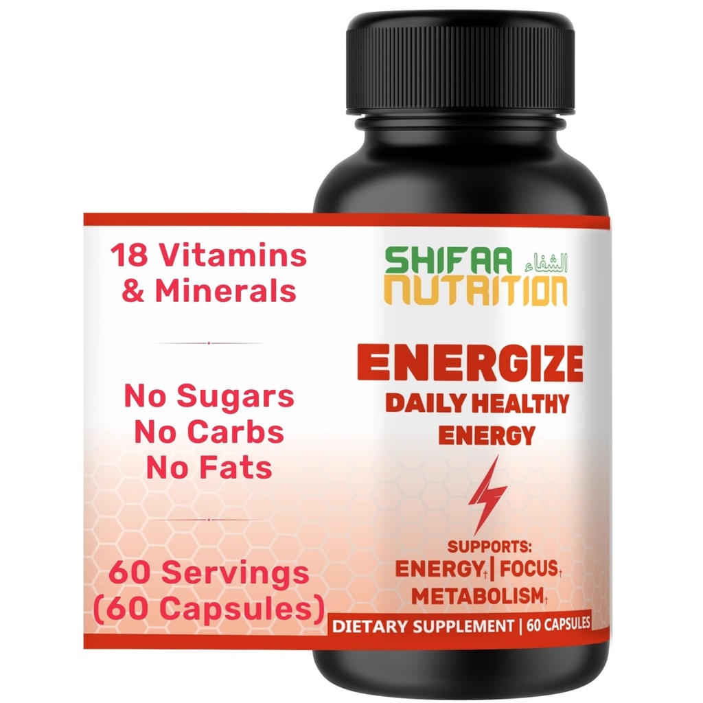 SHIFAA NUTRITION Energize, Vitaminas de Energia Natural Diária, 60 Servos Livres de Jitter, Suportes Foco, Humor, Cérebro, Metabolismo, Cafeína e Taurina, B1, B2, B5, B6, B7, B9, B12 Vitaminas Halal