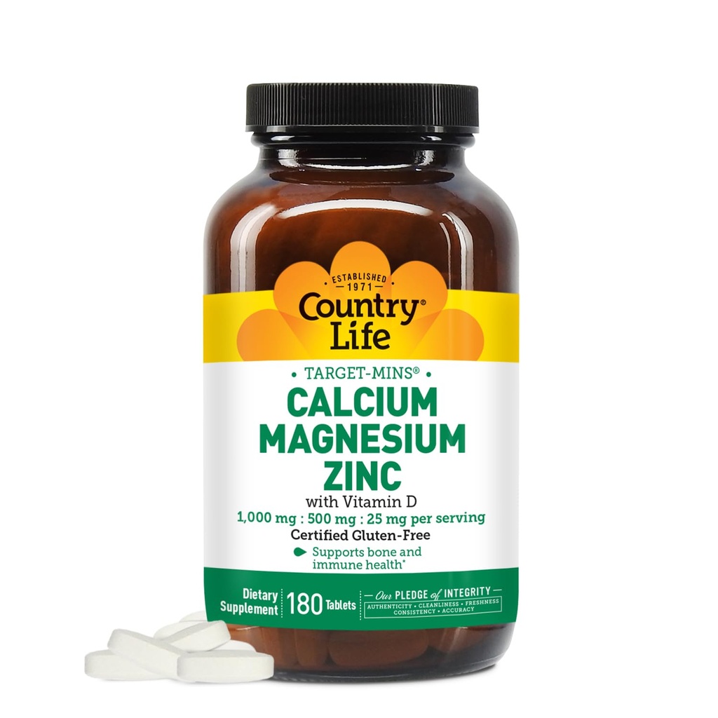 País Vida Magnésio de cálcio Zinco com vitamina D3 e L-ácido glutâmico, Suplemento dietético para suporte ósseo, Certificado sem glúten, 1000mg/500mg/25mg, 180 comprimidos