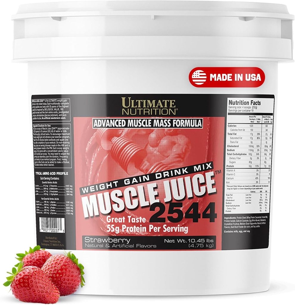 Ultimate Nutrition Muscle Juice, Weight Gain Drink Mix - Massa Gainer exercitar pó para homens e mulheres - Suplemento para crescimento muscular magro e apoio imunológico com 55g de proteína - morango, 10.45lb