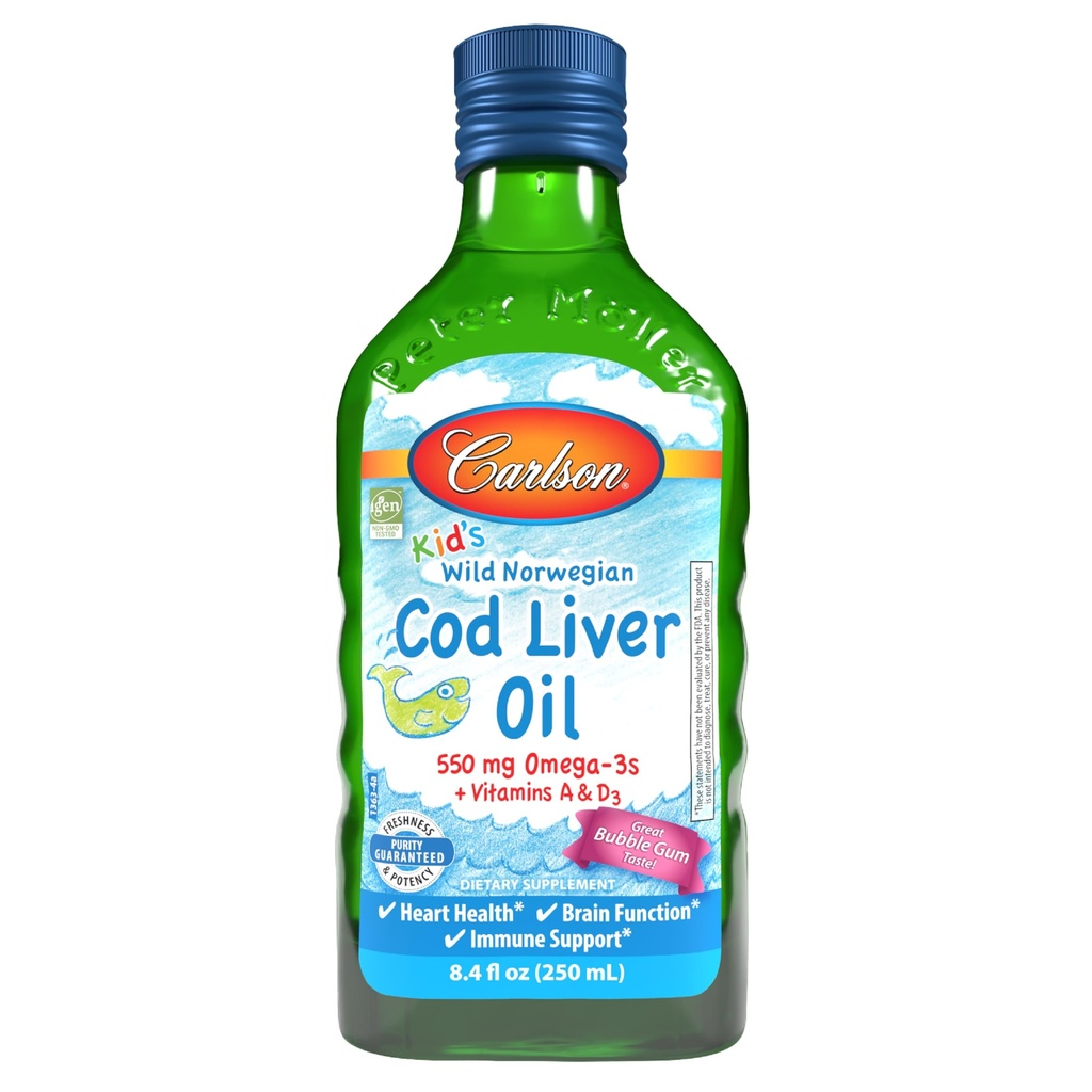 Carlson - Óleo de fígado de bacalhau de criança, 550 mg Omega-3s, Vitaminas A & D3, Wild Norwegian, Bubble Gum, 250 mL