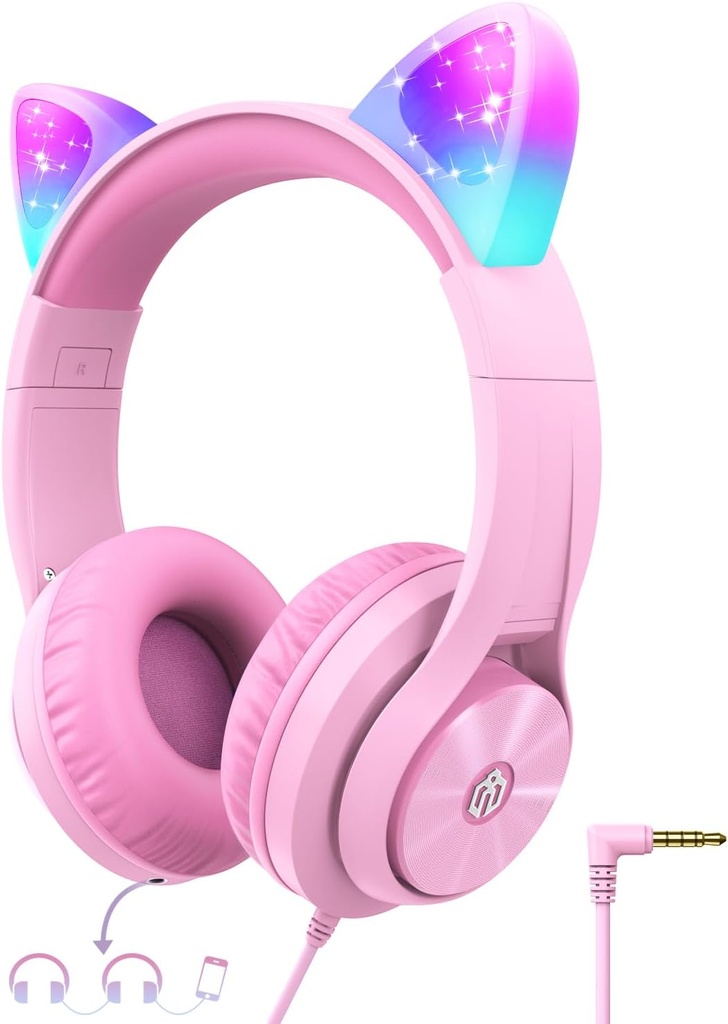 Auscultadores iClever Kids com ouvido de gato LED Light Up, limite de volume seguro, FunShare, Dobrável, Auscultadores Over-Ear para crianças para escola / iPad / Tablet / Viagem, Meow Donut-Pink