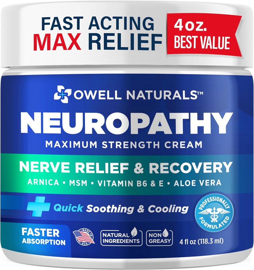 Owell Naturals Neuropatia Nerve alívio creme, força máxima, sem gordura, ingredientes naturais Arnica, Aloe Vera, HSH, Vitamina B6 para pés, mãos, pernas, dedos dos pés Desconforto, 4 Fl Oz (Pack of 1)