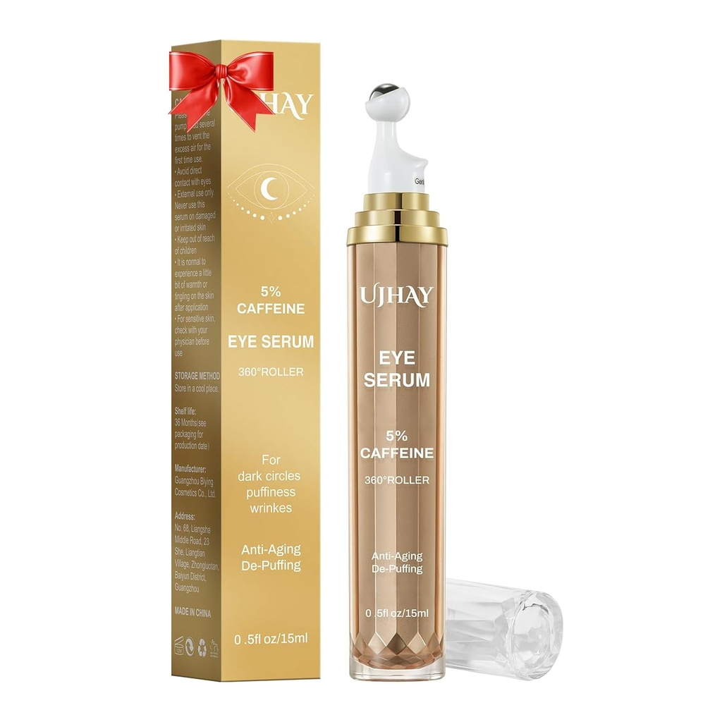 5% Creme de olho de cafeína, Sob o soro do olho para círculos escuros, Puffiness & Rugas Linhas finas, Serum de rolo de olho com 360° bola de massagem, Balsa de tratamento de olhos para homens e mulheres
