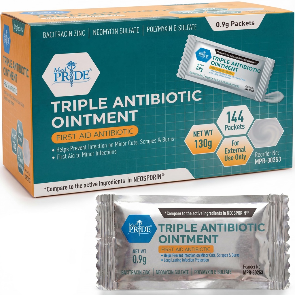 MED PRIDE Triplo Antibiótico Podre Pacotes Bulk 144 X 0.9g, Individual Antibiótico Podre Pacotes para Queimaduras, Cortes, Ferimento Cuidado