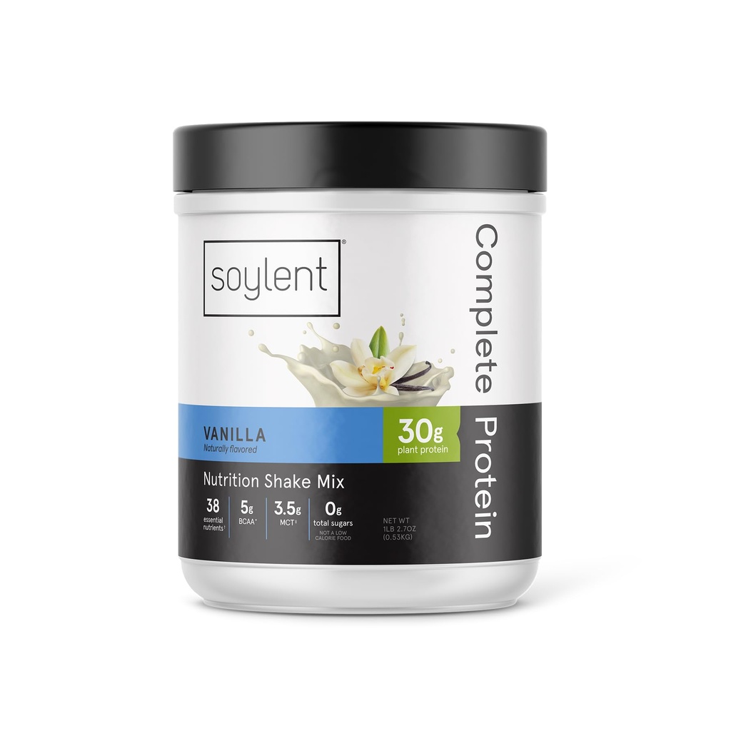 Soylent Complete Protein Powder, Baunilha, 30g Protein Shake para o crescimento e recuperação muscular, BCAAs, DHA, MCT, 28 Vitaminas & Minerals, Açúcar Zero, Glúten Livre, Vegan - 1,25lb