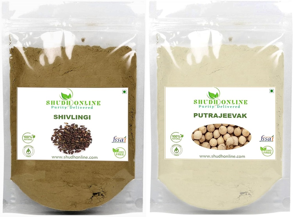 Shudh Online Sivalingi e Putrajivak Seed Powder Combo (100 gramas cada), Putrajeevak e Shivlingi Beej pó, Putrijivak, Putr Jivak, Shivalinga, Shivling