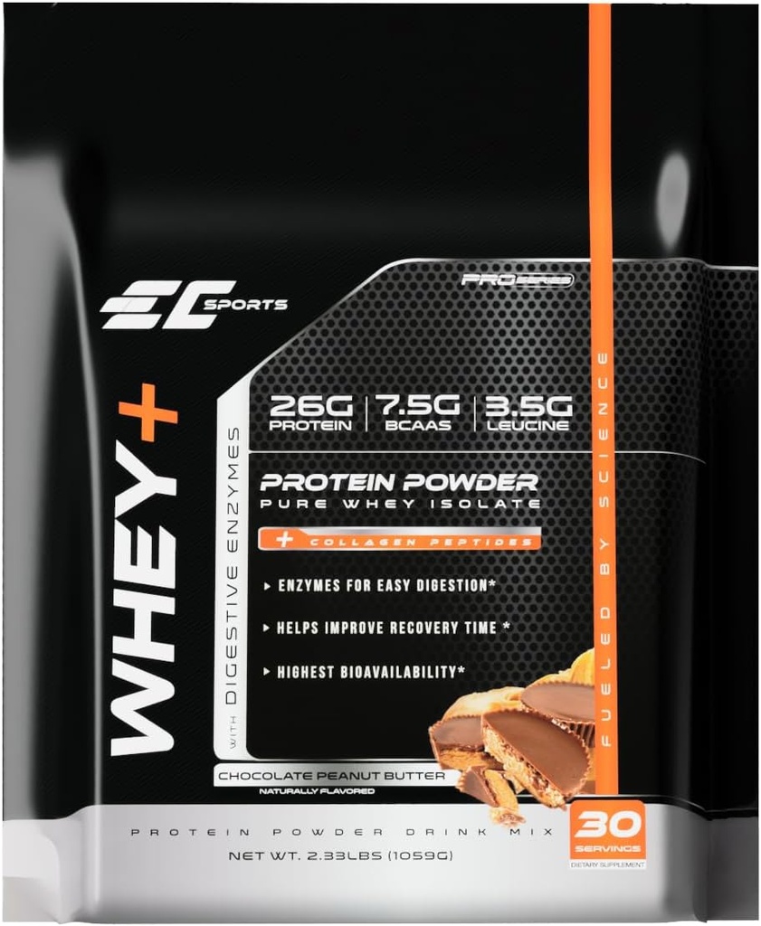 EC Sports Whey+ Protein Powder, Chocolate Amendoim Butter Mix w/Digestive Enzimas - Suplemento isolado, Colágeno Peptídeos w/Swift Reform - 30 Servings