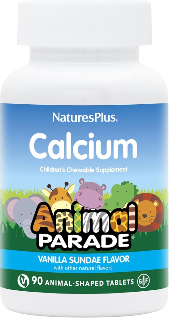 NaturalsPlus Animal Desfile Cálcio, Vanilla Sundae Flavor - 90 Comprimidos mastigáveis em forma de animal - Pacote de 2 - Promove Ossos Saudáveis - Vegan, Gluten Free - 180 Total Servings
