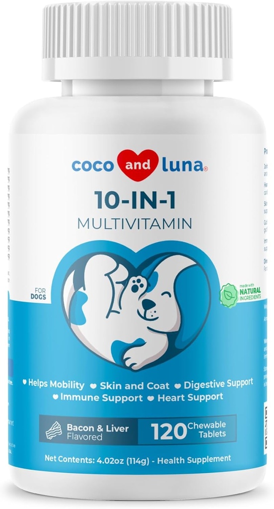 10 em 1 Multivitamin para cães - 120 comprimidos mastigáveis com glucosamina e condroitina - Óleo de peixe e vitaminas com Coq10 para pele e coração saúde, Gut & Imune Suporte