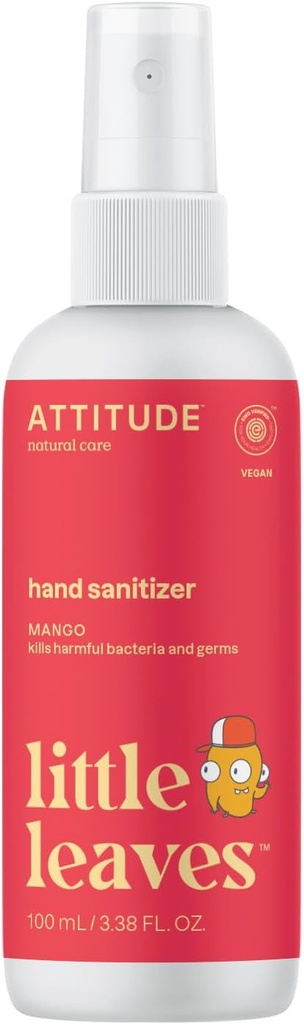 ATITUDE mão higienizador Spray para crianças e adultos, EWG verificado, Tamanho de viagem, Dermatologicamente testado, Planta e mineral à base, Vegan, manga, 3,5 Fl Oz (garrafa de spray)