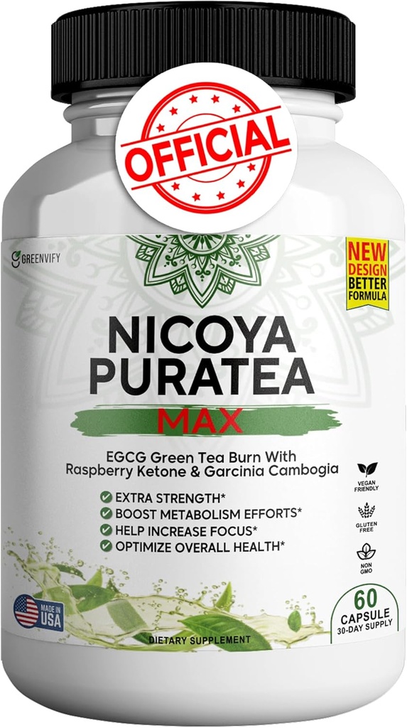 Nicoya PuraTea Max Green Tea Extract & Green Coffee Bean para suporte ao metabolismo, Impulso de Energia Natural, Suplemento Antioxidante-Rich – 60 Cápsulas
