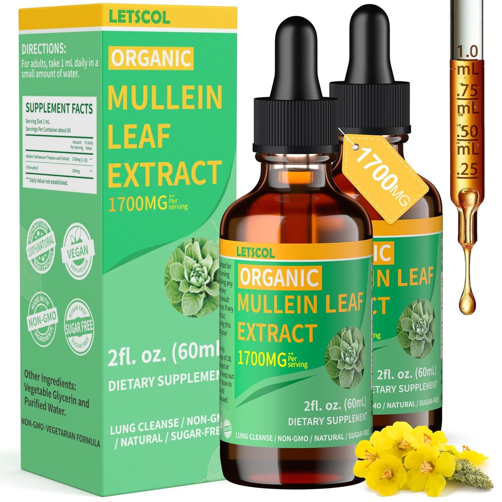 Orgânico Mullein Drops para Lung Cleanse, poderoso 1700mg Mullein Leaf Extract para Imune & Suporte Respiratório, Natural Mullein Suplemento Tintura Drops Não-GMO & Vegan, 2 Fl Oz