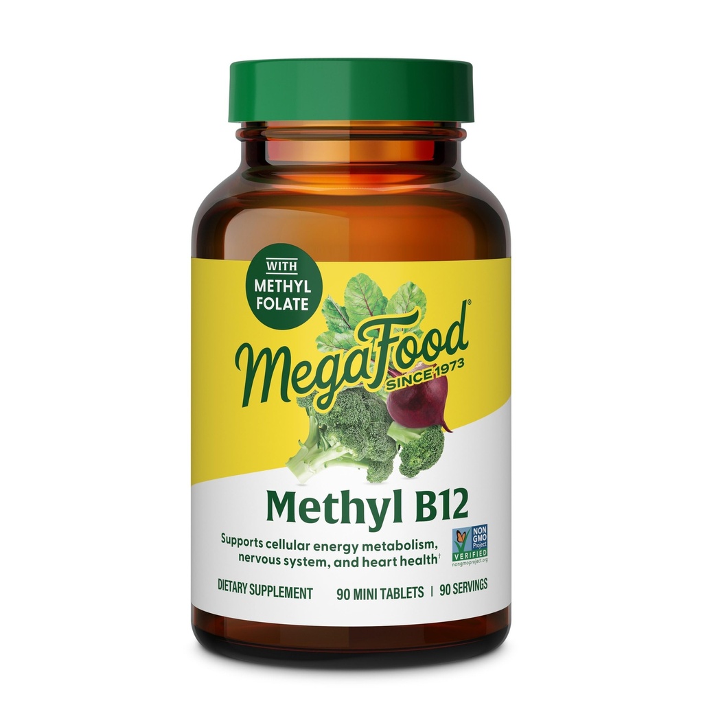 MegaFood Methyl B12 - Vegan - Inclui Folato de metilo, Vitamina B12 & B6 - Suporta Produção de Energia Celular, Saúde do Sistema Nervoso & Função Cardiovascular - 90 Comprimidos