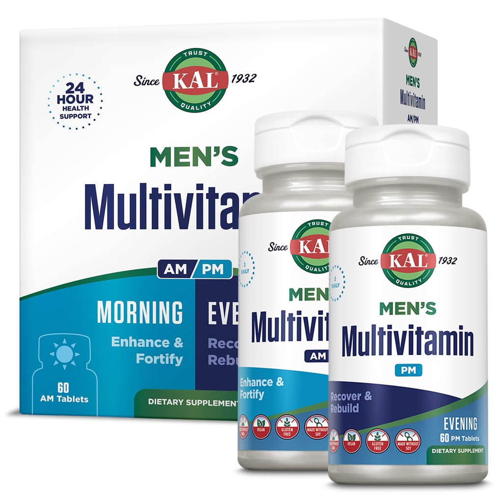 KAL Multivitamin masculino AM/PM, Antioxidantes Suplemento, Músculo, Imune, Equilíbrio Eletrolítico, Apoio ao Bem-Estar Geral, Feito sem OGM e soja, Vegan, 30 Servões, 120 Comprimidos