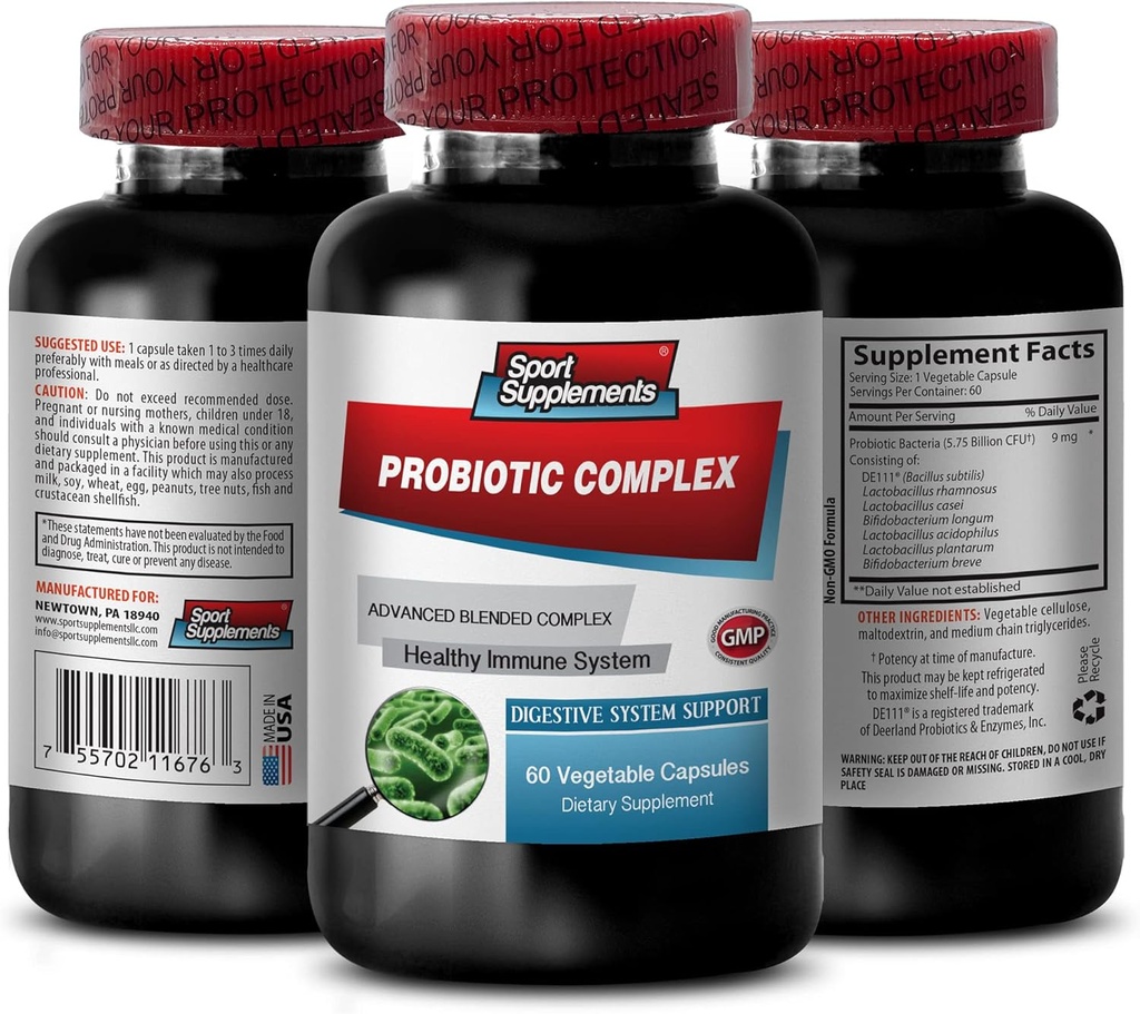 Probiótico Advanced Blended Complex - PROBIOTIC Complex - Sistema digestivo saudável, suplemento probiótico, probiótico com enzima digestiva, suplementos probióticos para a saúde do intestino, 1 garrafa 60 cápsulas