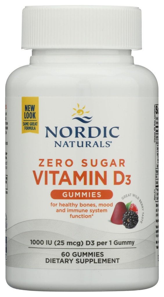 Naturals Nórdicos Zero Açúcar Vitamina D3 Gummies, Berry Selvagem - 60 Gummies - 1000 UI Vitamina D3 - Grande Gosto - Bones Saudáveis, Mood & Imune System Function - Non-GMO - 60 Servings