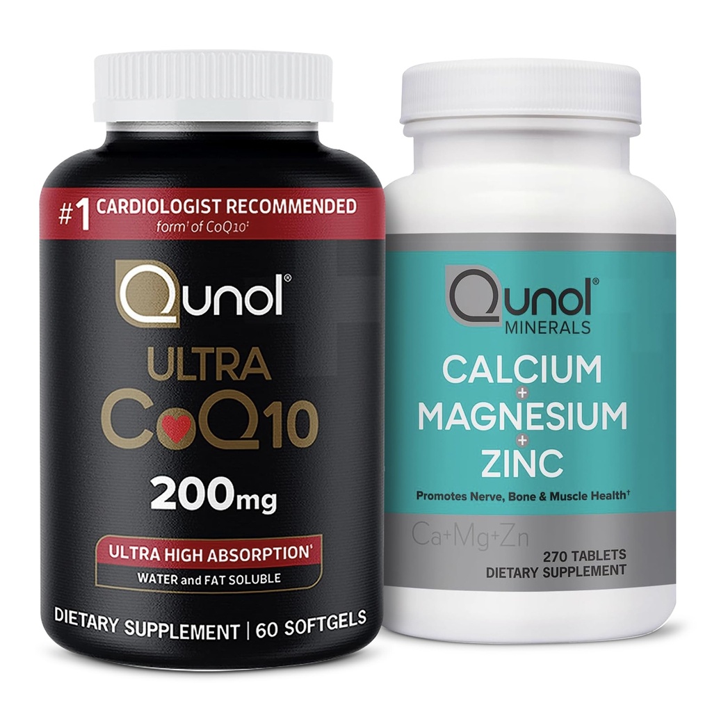 Qunol CoQ10 200mg Softgels, Ultra alta absorção Coenzima Q10 Suplementos - 2 Mês de Abastecimento - 60 Contagem de Magnésio 3 em 1 Comprimidos com cálcio, magnésio e zinco, 270 Contagem
