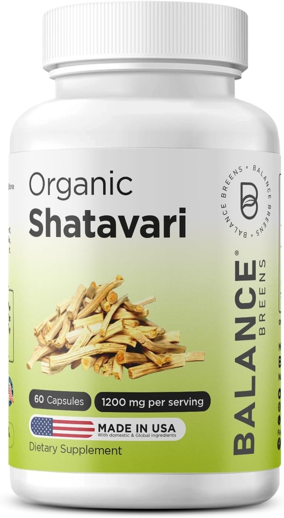 Shatavari Orgânico 1200mg, 60 Cápsulas - Aleitamento Suporte Vitaminas, Equilíbrio Hormonal para Mulheres, Aspargos Racemosus Raiz