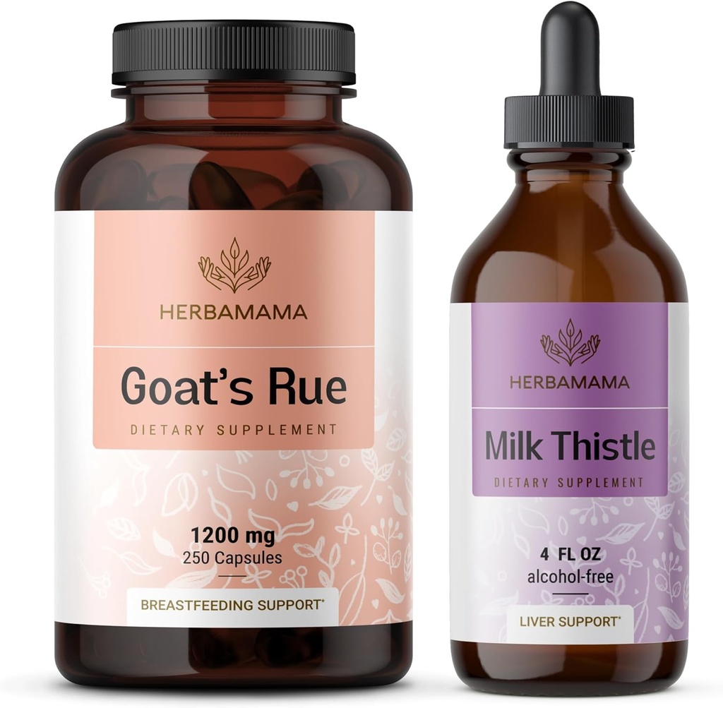 HERBAMAMA Goat's Rue and Milk Thistle Kit - Pacote de 1200 mg Cápsulas & Milk Thistle Liver Detox Drops 4 fl oz - Vegan, Não-GMO, Açúcar & Álcool - 2 Pack