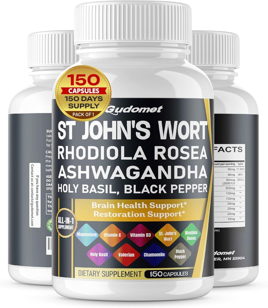 St. John's Wort Rhodiola Rosea Ashwagandha Holy Basil Valerian Camomile Black Pepper -150 Cápsulas- Made in USA