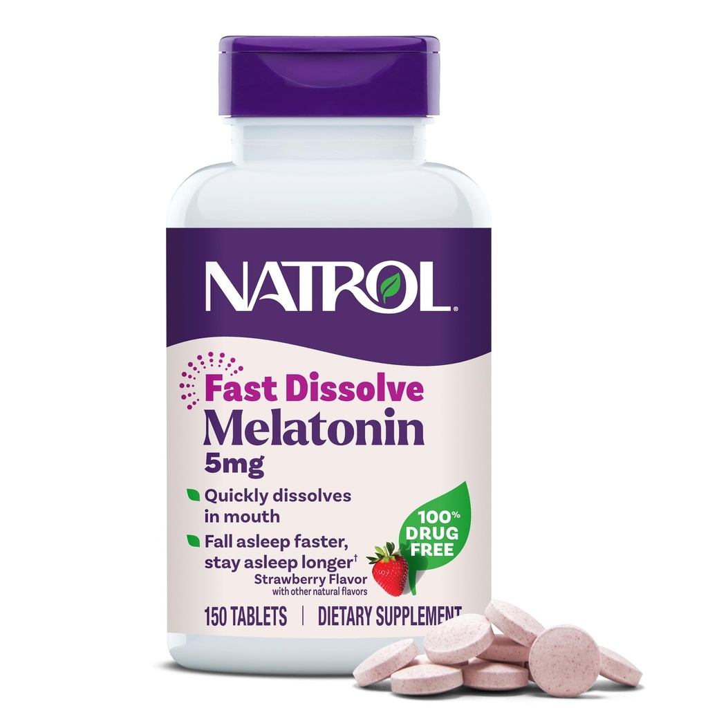 Natrol Melatonina 5mg comprimidos de dissolução rápida, suplementos de suporte ao sono para adultos, morango sabor, 150 comprimidos, até 150 dias de fornecimento