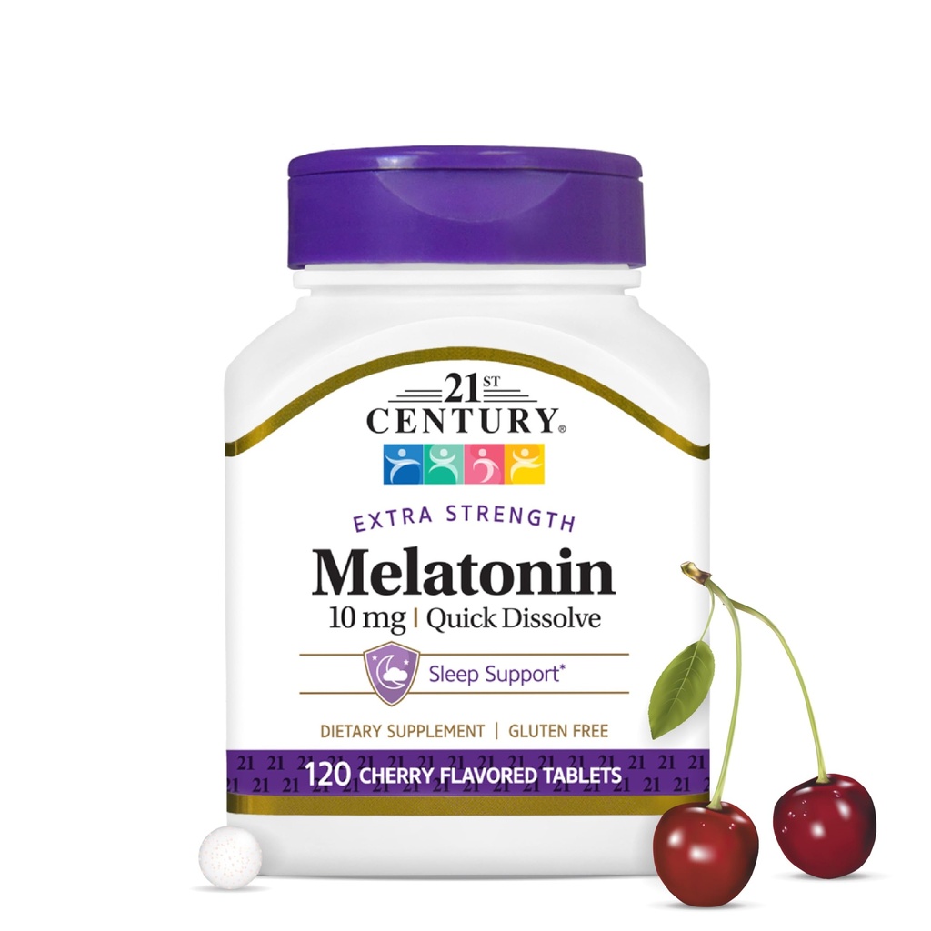 Melatonina do século 21 10mg de força extra, 120 contagem, ajuda rápida para dissolver o sono para adultos, promove relaxamento e sono descansado, não-habit formando, sem glúten, sabor cereja