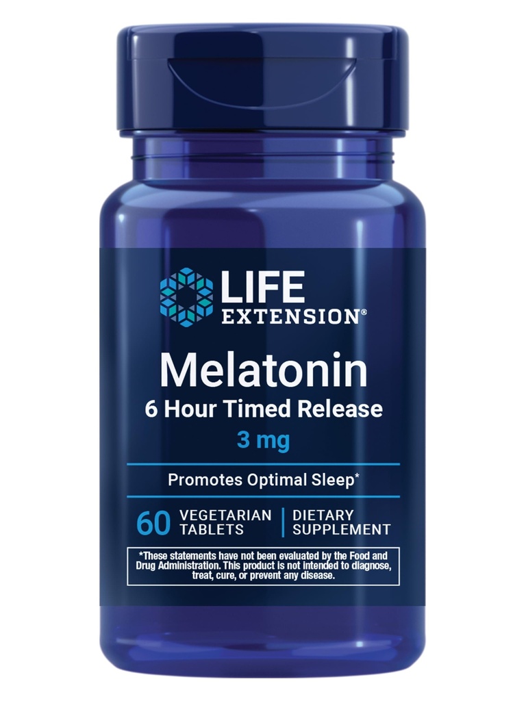 Extensão de vida Melatonina 6 horas de liberação cronometrada, 3 mg, Fórmula de liberação estendida para suporte de sono ideal, Rítmos circadianos saudáveis, Defesa Celular, Sem Glúten, Não-GMO, Vegetariano, 60 comprimidos