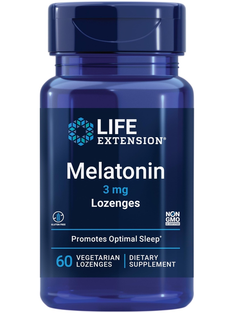 Extensão de vida Melatonina, 3 mg, Optimal Sleep Support, Ritmos circadianos saudáveis, Defesa Celular, Gluten-Free, Non-GMO, Vegetarian, 60 pastilhas mastigáveis