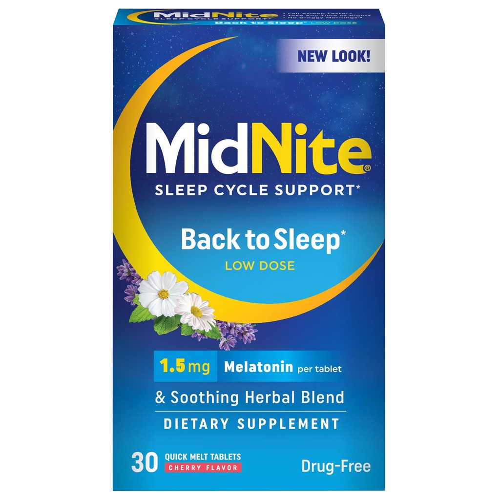 MidNite Back to Sleep Low Dose, 1,5 mg Melatonina Ajuda ao sono, Não-Habit Forming, Suplemento dietético de ervas para adultos, Sem drogas, Sem glúten, Sem lactose, Vegetariano, Vegan, 30 Comprimidos de Derretimento Rápido