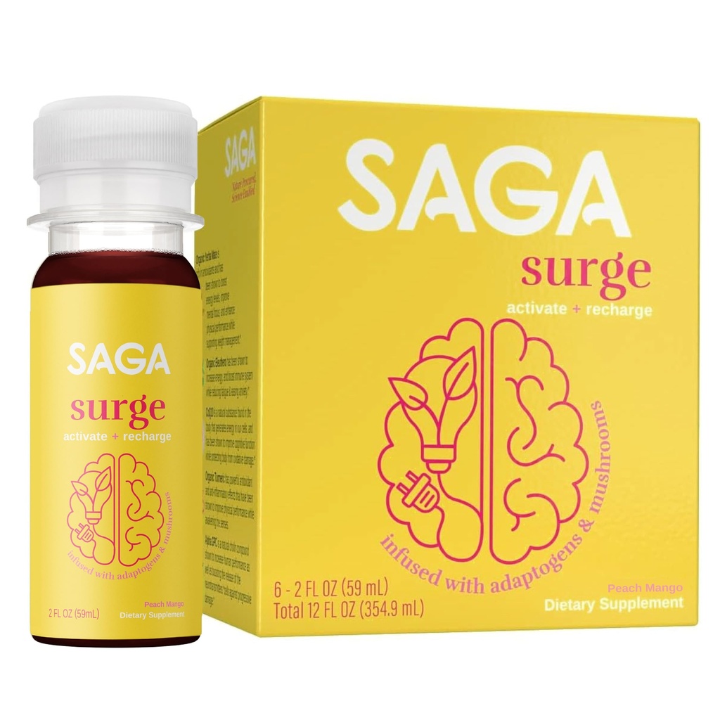 SAGA SURGE Organic Energy Shots □ Performance Drink □ Yerba Mate & Alpha GPC Supplement with CoQ10, Turmeric & Mushrooms