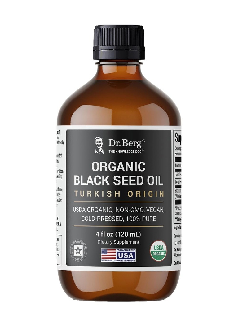 Dr. Berg Black Seed Oil Orgânico Cold Pressed – Puro Nigella Sativa Black Cumin Oil – USDA Orgânico, Halal, Vegan – para o cabelo, pele, suporte imunológico – líquido não refinado – garrafa de vidro 4 oz