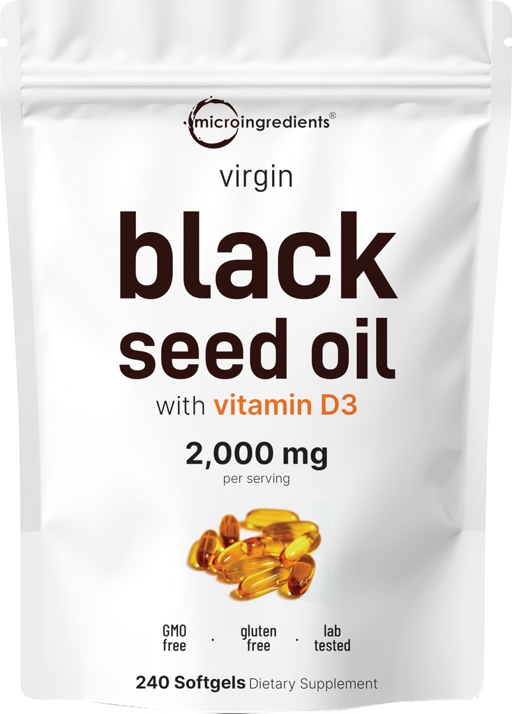 Micro Ingredientes Óleo de semente preta com Vitamina D3 1000 UI, 240 Softgels □ 2.000 mg Óleo de semente preta por serviço
