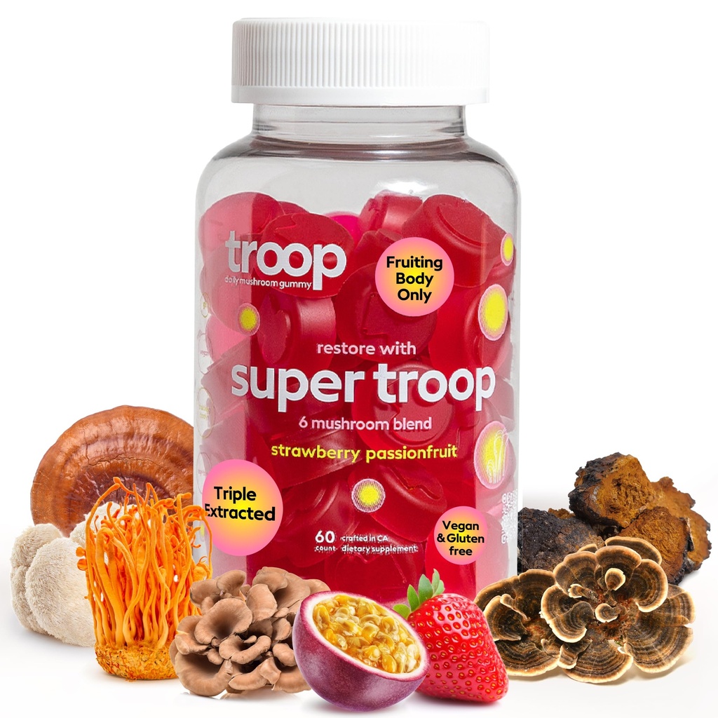 Super 6 chicletes de cogumelos — Imunidade, Energia e Mood Boost — Triplo-Extraído Fruiting Body — Vegan, 60 Contagem