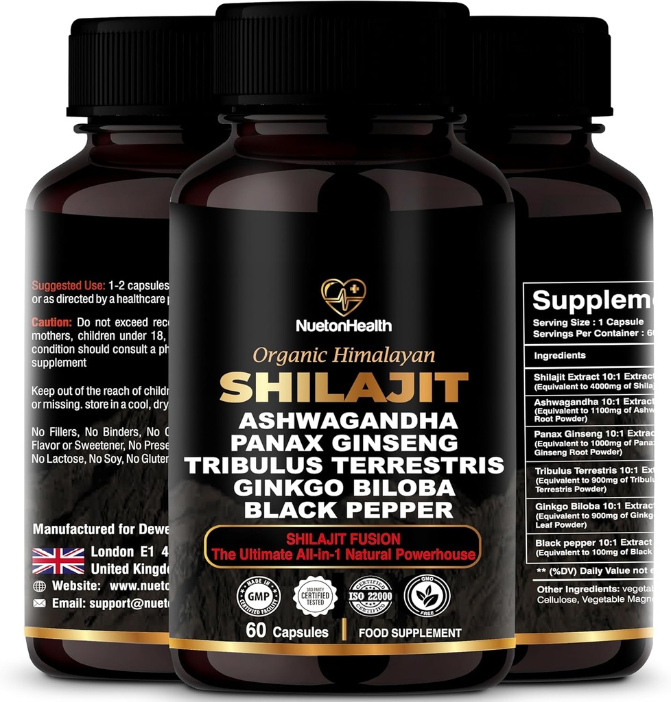 Himalayan Shilajit Cápsulas com Ashwagandha, Ginseng, Tribulus, Ginkgo & Black Pepper – Vegan, Gluten-Free Botânica Mistura para Bem-Estar & Vitalidade Diário – 60 Cápsulas